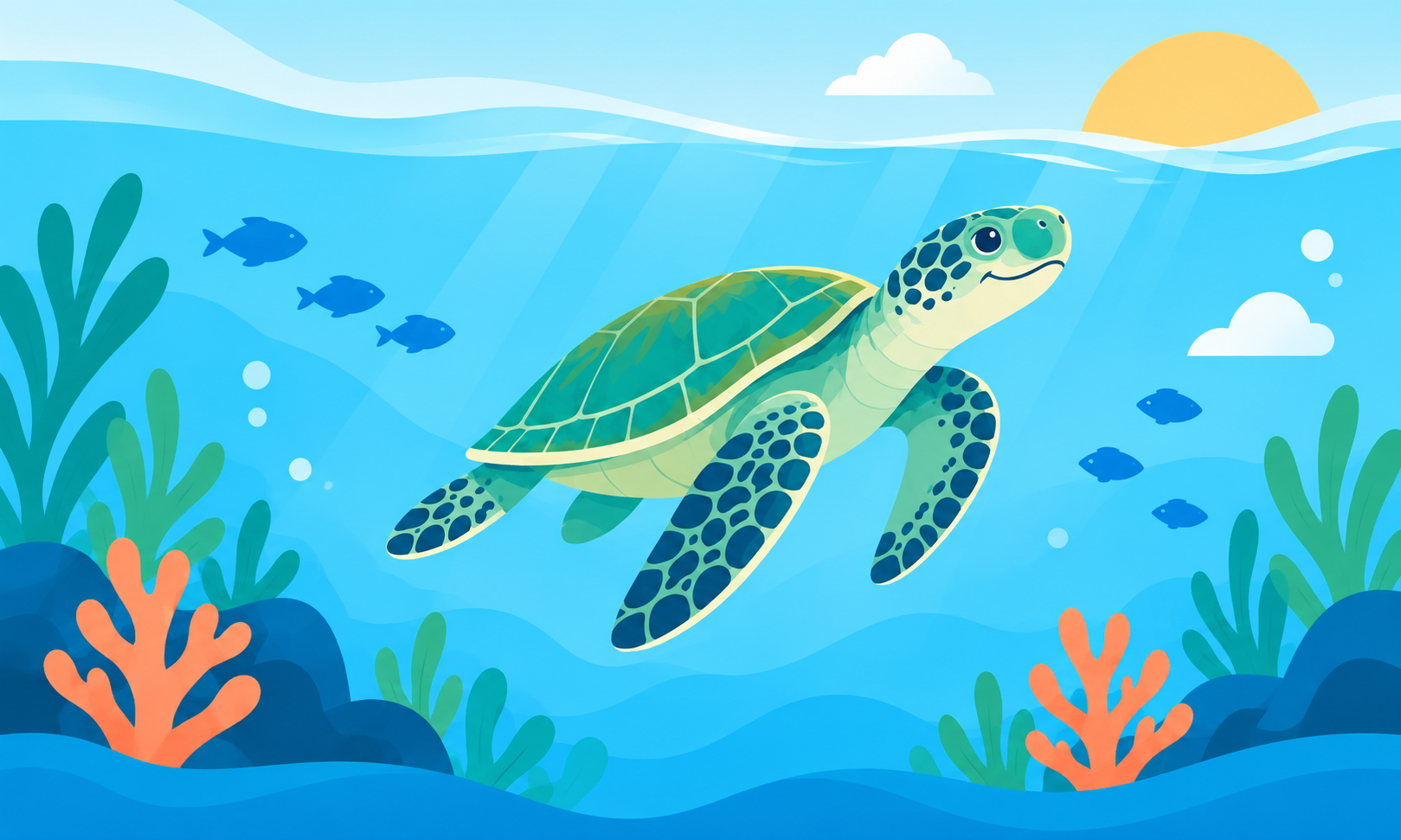 An illustrated sea turtle swimming through a bright ocean, with fish and coral.
